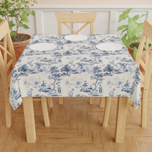 French Toile de Jouy Tablecloth, Blue Toile square  table, Blue chinoiserie table cloth, 55.1&quot;x55.1&quot;, square tablecloth, matching napkins