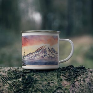 Enamel Camping Mug, PNW Mug with Mt Rainier and Mt Baker Watercolors, Seattle Souvenir, Mountain Trip Gear, Outdoor Lover Gift, Camping