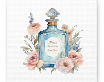 French Perfume Bottles Canvas Art: Blue Tones Bathroom Decor, depth 1.25"