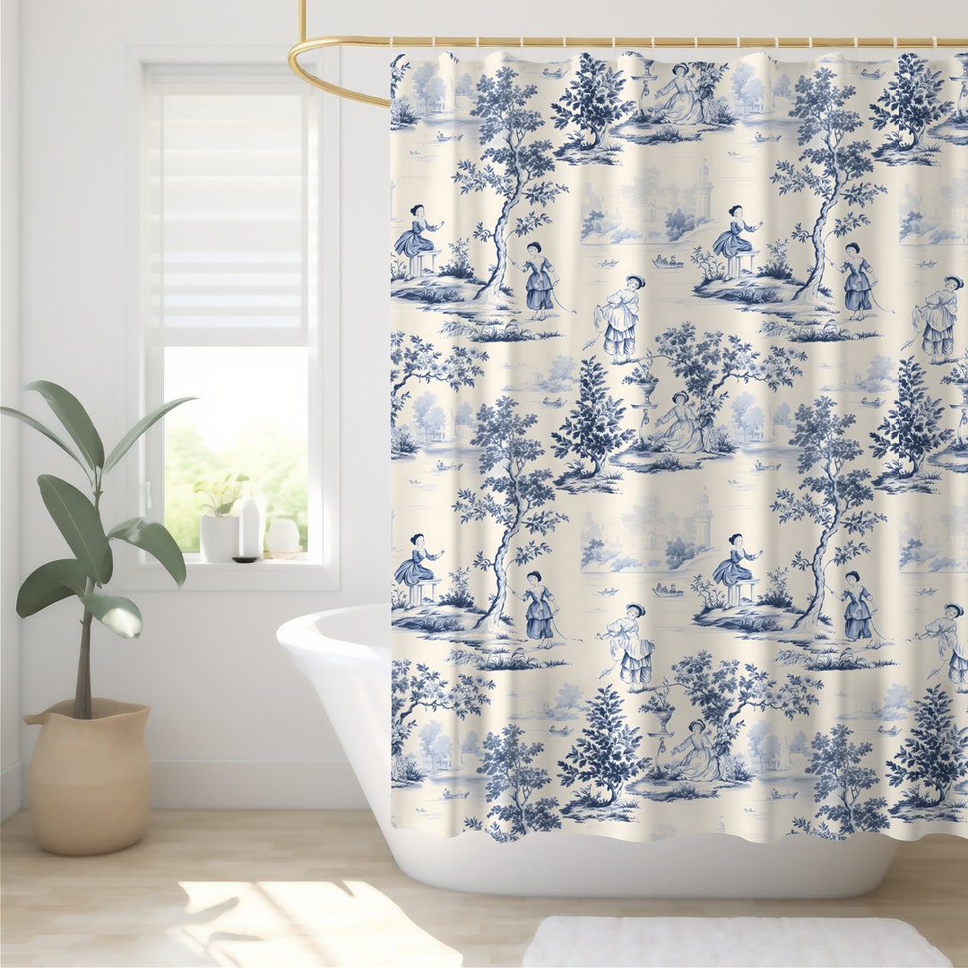 Toile De Jouy Shower Curtains, Blue Pastoral Curtain, Provincial Shabby