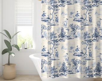 Blauw toile de jouy-douchegordijn: Frans landelijk badkamerdecor