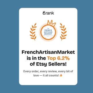 May include: White card with the Erank logo and text for FrenchArtisanMarket, an Etsy seller. The text states the shop is in the top 6.2% of Etsy sellers. The card has a blue background.