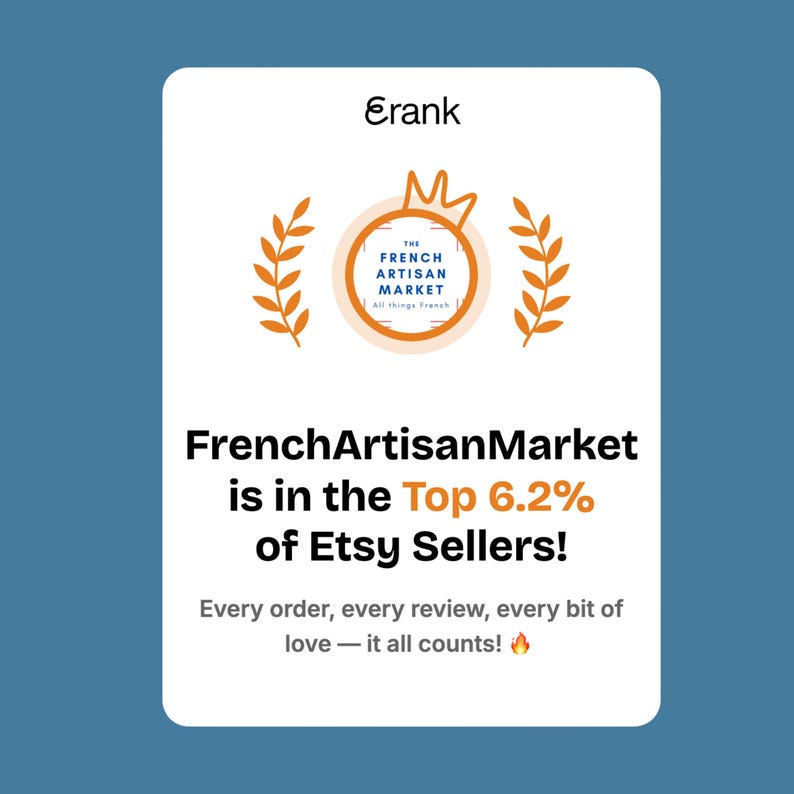 May include: White card with the Erank logo and text for FrenchArtisanMarket, an Etsy seller. The text states the shop is in the top 6.2% of Etsy sellers. The card has a blue background.