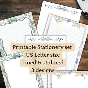 May include: A collection of printable stationery sets featuring lined and unlined US Letter size paper. The designs include floral and bow accents in shades of blue, green, and pink. The text on the image reads: Printable Stationery set, US Letter size, Lined & Unlined, 3 designs.