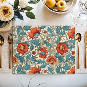 William Morris Cotton Placemat: Red Orange Floral Table Decor