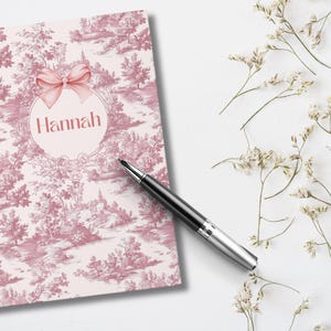 Personalized hardcover journal with custom monogram, pink toile journal, teen gift, manifestation journal, coquette girly aesthetics and bow