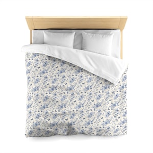 Floral French Toile Duvet Cover, Blue Chinoiserie Microfiber Duvet Cover, Farmhouse, duvet cover with zipper, washable, Blue chinoiserie