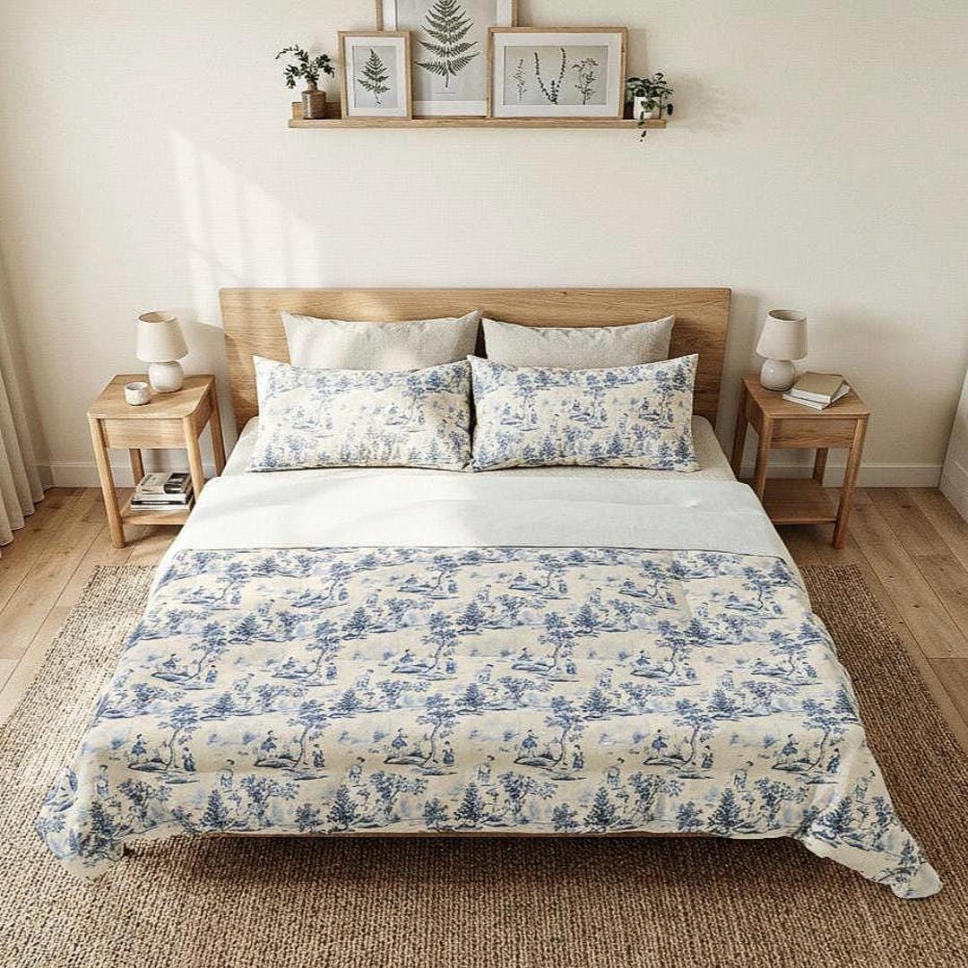Spring Toile Blue Blue Toile De Jouy Bedding Set, Cotton Comforter and Pillow Shams ...