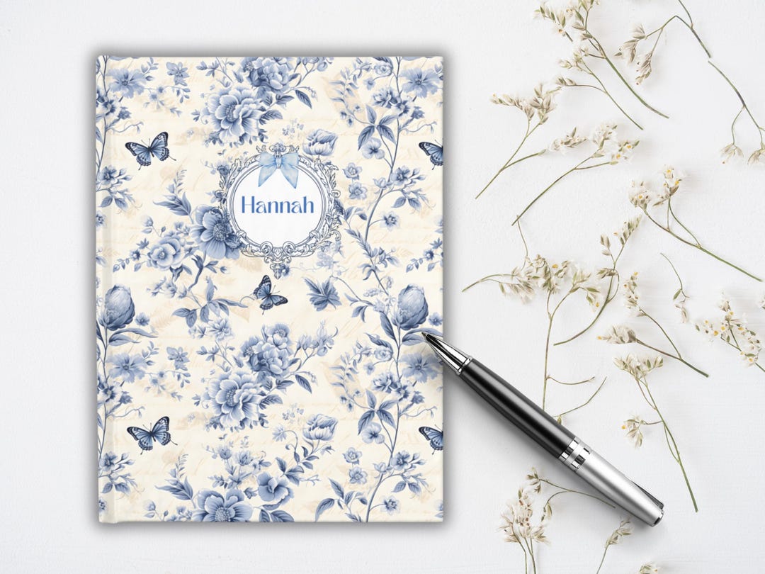 Personalized Toile Journal, Blue Butterfly Blank Notebook, Tween Gift ...