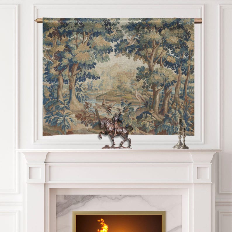 May include: A tapestry depicting a forest scene with trees, a river, and birds. The tapestry is framed and mounted above a white fireplace. A bronze statue of a person on a horse is on the mantel.