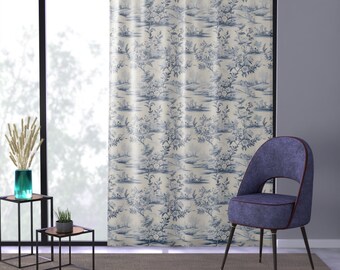 French Toile long Curtains, Blue floral chinoiserie curtains, French country curtains with pastoral secnes