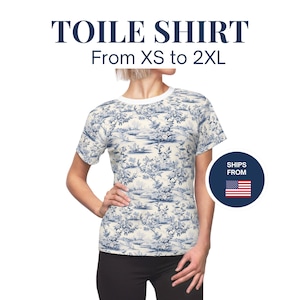 Camisa Toile de Jouy con estampado floral azul, camiseta de verano para mujer, camiseta floral shabby chic para mamá, regalo para mamá, camisa chinoiserie azul, estilo cottagecore