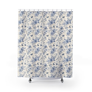 Französische Shabby Chic Blaue Blumen Duschvorhänge, Blaue Blumen Chinoiserien Vorhang für Französisch Bauernhaus Badezimmer, Französisch Landhaus