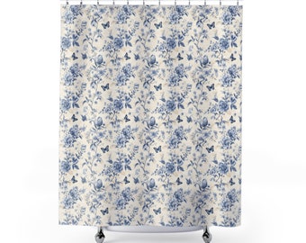 French Shabby Chic Blue Floral Shower Curtains, Blue Floral chinoiserie curtain for French farmhouse bathroom, French country cottage