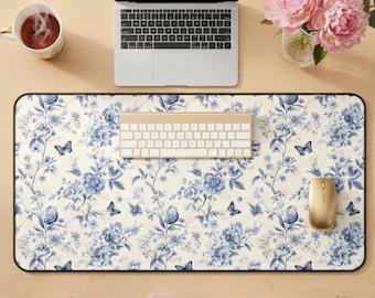 Blue Toile Desk Mat, College dorm gift, Gdmillennial preppy Office Desk Pad, Preppy Floral Home Office Decor, Teen Girl bedroom decor