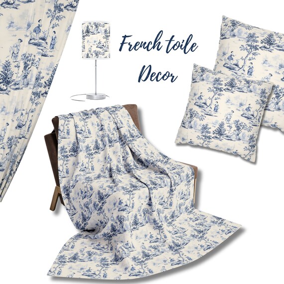 Blue French Toile de Jouy Home Decor: Farmhouse Throw Blanket & Pillows