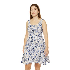 Women&#39;s Skater blue toile Dress, toile de jouy dress, chinoiserie blue toile dress, Spring dress with birds and floral design