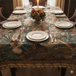 French Verdure Aubusson Rectangular Tablecloth 58x102, Botanical Herons Tapestry, Premium Cotton, Baroque Classical Art, Old Money