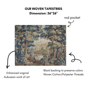 May include: Woven tapestry with a landscape scene featuring trees, a river, and birds. The tapestry is 36 x 26 inches and has a rod pocket for hanging. The text reads "OUR WOVEN TAPESTRIES" and "Dimension: 36*26".