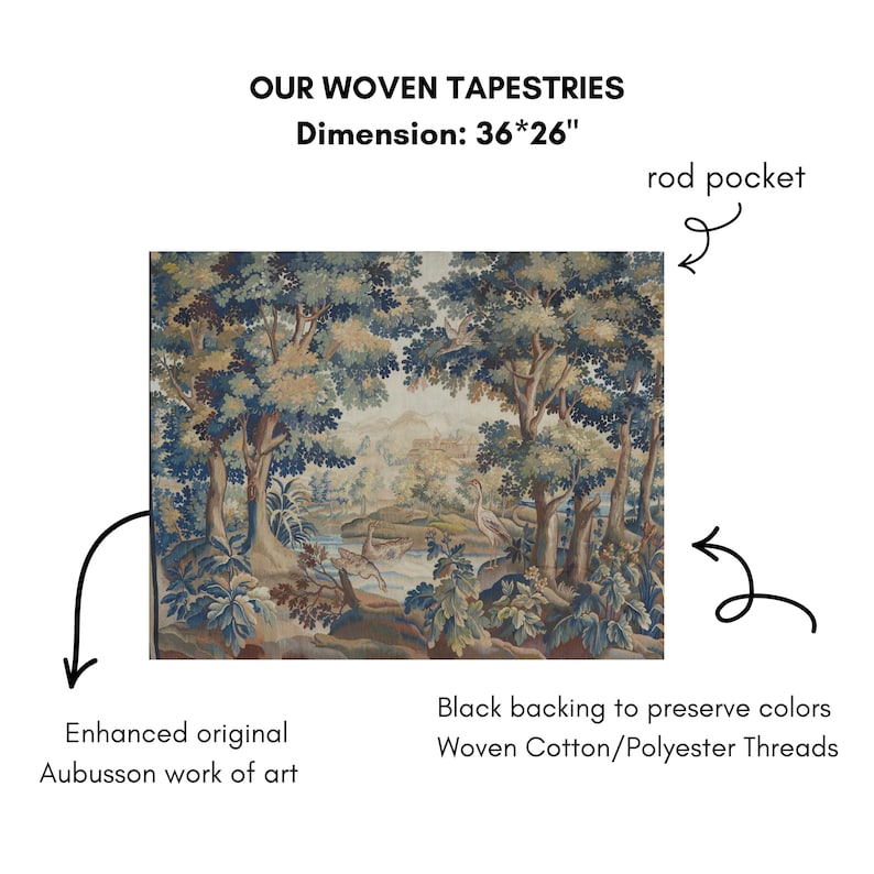 May include: Woven tapestry with a landscape scene featuring trees, a river, and birds. The tapestry is 36 x 26 inches and has a rod pocket for hanging. The text reads "OUR WOVEN TAPESTRIES" and "Dimension: 36*26".