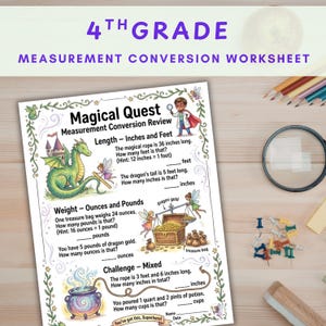 Puede incluir: Una colorida hoja de trabajo de conversión de medidas de 4º grado titulada "Magical Quest". La hoja de trabajo incluye ilustraciones de un dragón, un tesoro y una poción. Cubre desafíos de longitud, peso y medidas mixtas, con pulgadas, pies, onzas y libras.