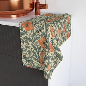 William Morris Tea Towel: Orange Floral Botanical Kitchen Decor, Terry Cloth Hand Towel
