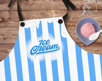 Custom Striped Apron, ice cream shop logo, ice cream parlor employee or for ice cream food trucks, blue and white apron with  retro vibe
