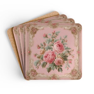 May include: A stack of four square coasters with rounded corners, featuring a pink background with a central bouquet of pink roses and green leaves, enclosed in a decorative cream-colored frame. The coasters have a natural brown cork backing.