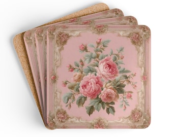 Floral Farmhouse Coaster Set of 4: Shabby Chic Cork Coasters, Rococo Home Accent