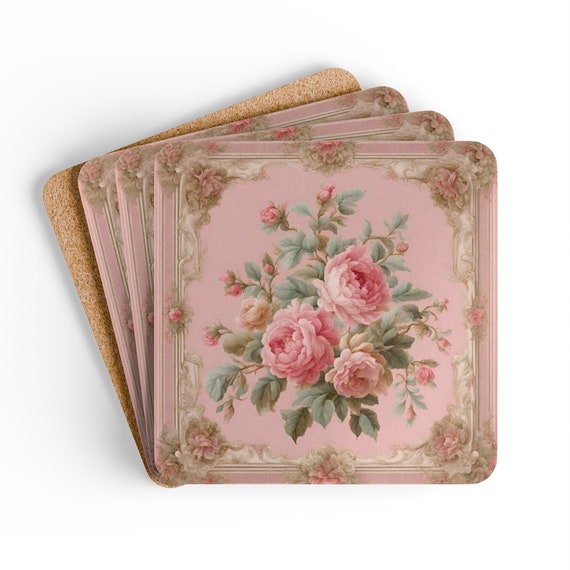 Floral Farmhouse Coaster Set of 4: Shabby Chic Cork Coasters, Rococo Home Accent