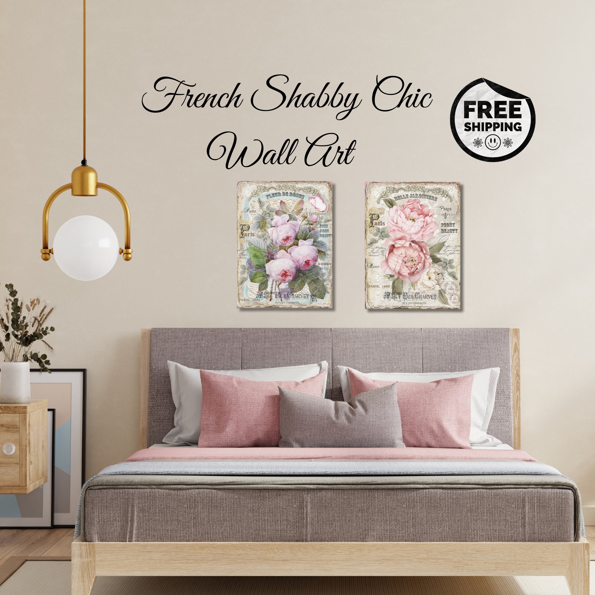 Set of 2 Pastel French Bathroom Wall Art French Shabby Chic Floral Wall