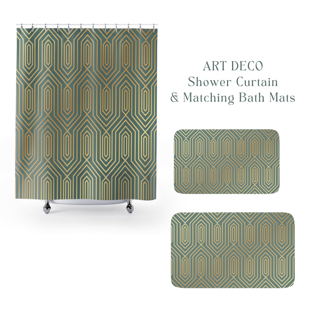Art Deco Bath Mat and Shower Curtain Set With Sage Green and Gold Art ...