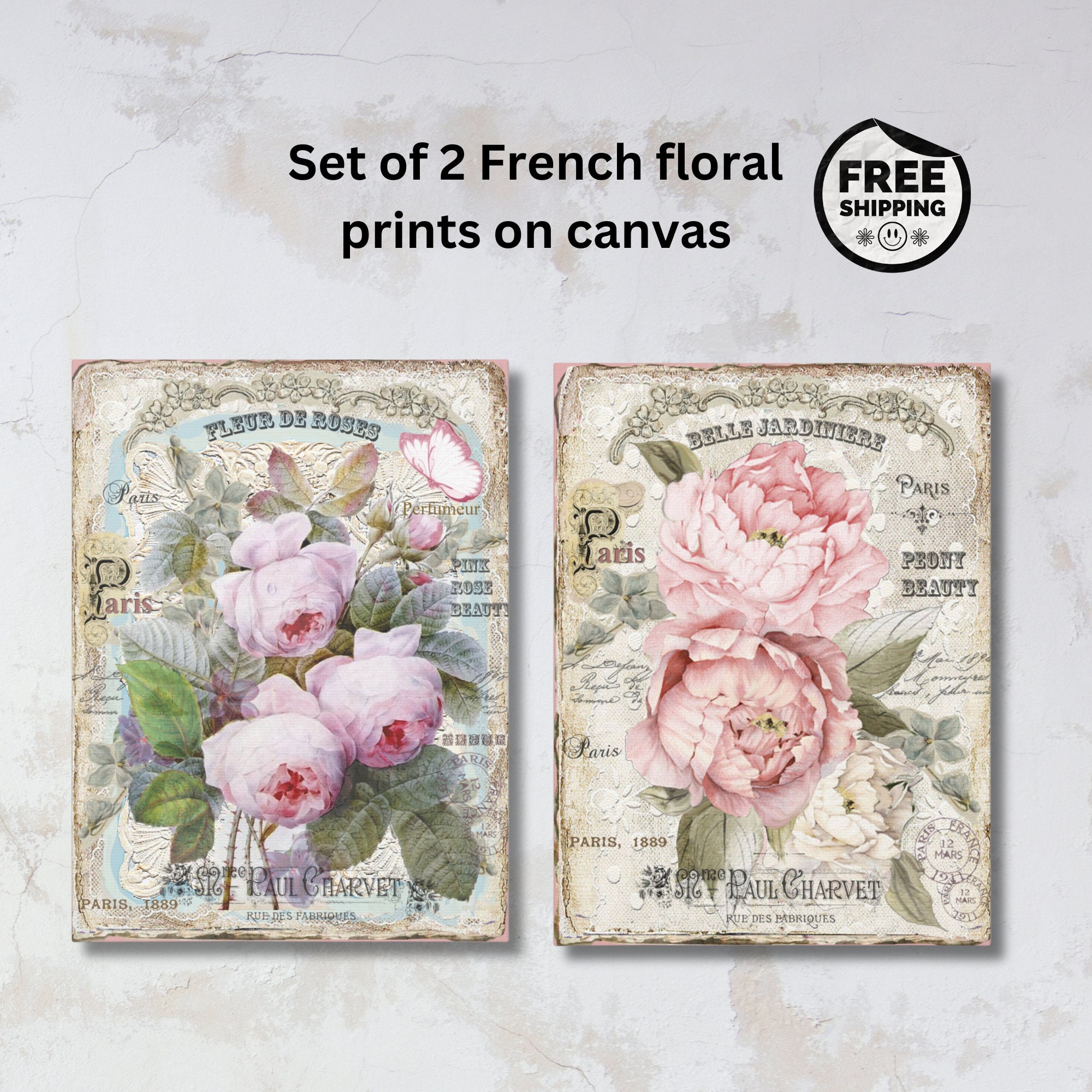 Set of 2 Pastel French Bathroom Wall Art French Shabby Chic Floral Wall