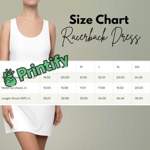 Racerback Dress Size Chart and product details - Printify POD size chart for summer dresses, size chart mock up, instant download