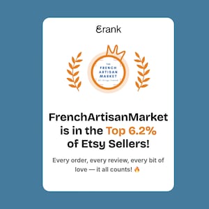 May include: White card with the Erank logo and text for FrenchArtisanMarket, an Etsy seller. The text states the shop is in the top 6.2% of Etsy sellers. The card has a blue background.