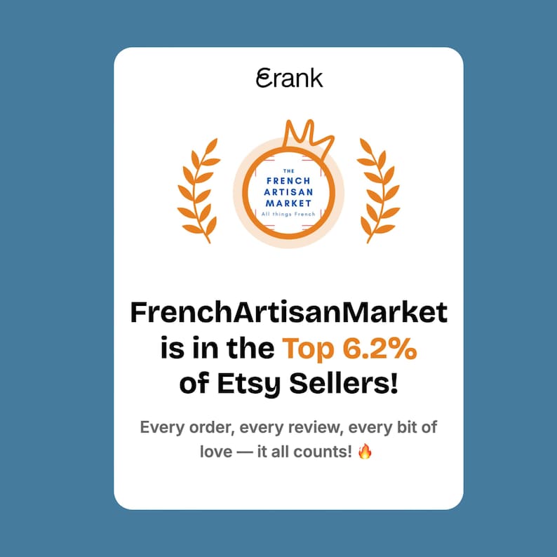 May include: White card with the Erank logo and text for FrenchArtisanMarket, an Etsy seller. The text states the shop is in the top 6.2% of Etsy sellers. The card has a blue background.