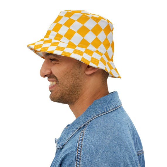 Yellow Checkered Bucket Hat, Unisex Spring 2025 Cap for Men  display picture 1