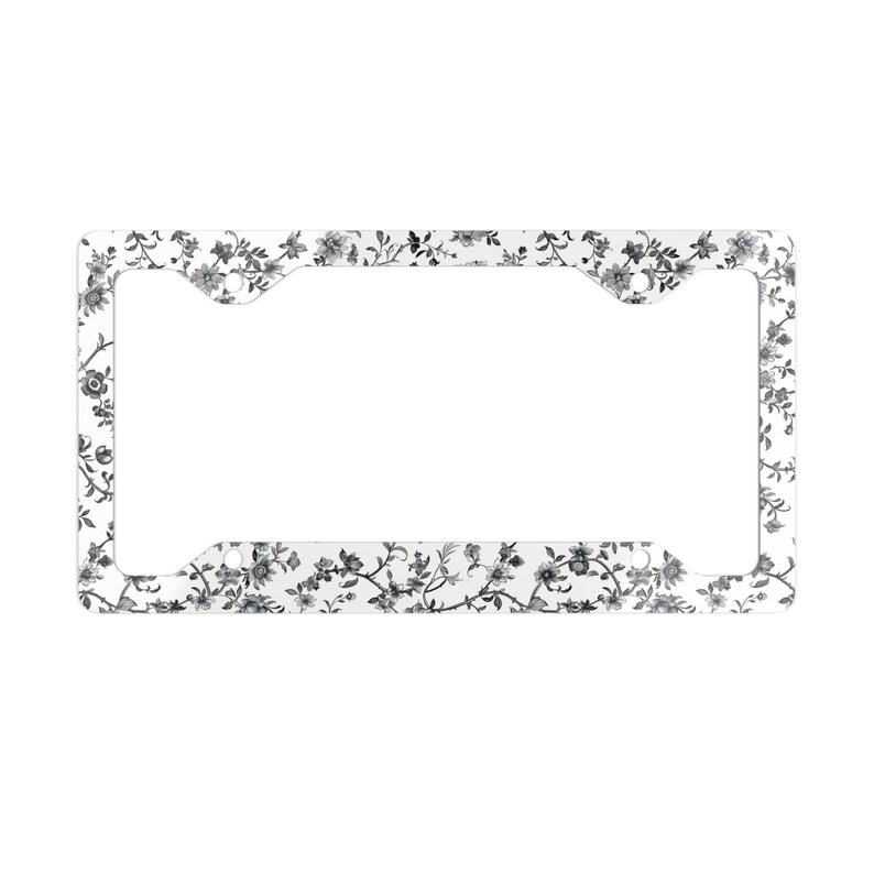Black Floral Toile License Plate Frame: Chinoiserie Car Accessory Single Plate Frame
