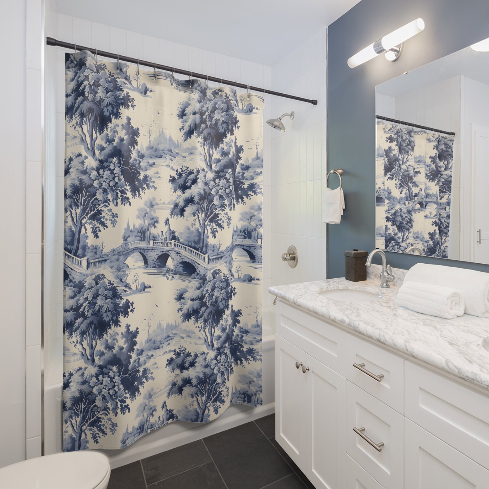 French Toile Shower Curtains, Blue Pastoral Curtain, Shabby Chic