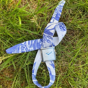 Blue Toile Ribbon Watch, Floral Fabric Strap Including Luxury Parisian Watch, Floral watchband. Square case. Polka dot Watchband