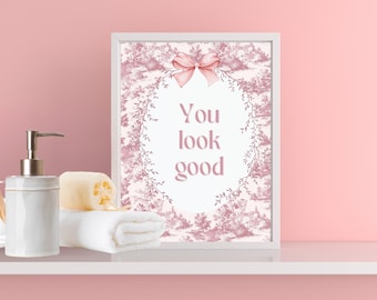 Rosa Badezimmer Wand Dekor, Kokette Badezimmer Kunst, rosa Toile Wand Kunst mit inspirierendem Zitat, Fine Art Print, Puderzimmer Dekor