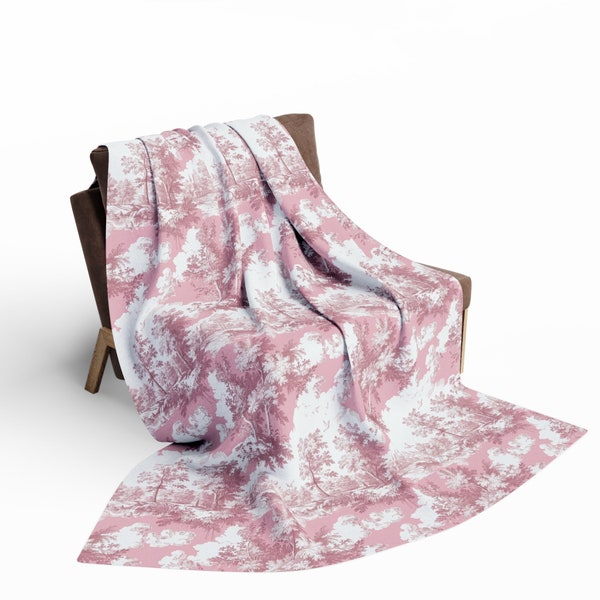 Pink Toile de Jouy throw blanket (arctic fleece), shabby chic blanket, pink floral fleece blanket, french country decor