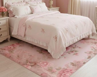 Shabby Chic Rose Area Rugs | Vintage Floral Pastel Pink Aubusson Rug