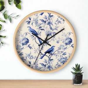 Blue Toile Wall Clock, Toile de Jouy with Blue Birds Home accent