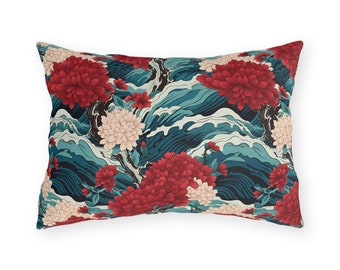 Japanese Flowers Outdoor Pillows, UV and water-resistant colorful floral outdoor pillows, outdoor lumbar pillow, bench pillow, Sring 2024