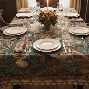 Op de afbeelding: Een formele eettafel gedekt voor een maaltijd. De tafel is bedekt met een tafelkleed met een patroon met een bloemen- en landschapsontwerp. Witte borden met gouden randen staan bij elke plaats, samen met bestek, servetten en wijnglazen.