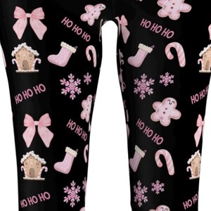 Cute Christmas Leggings with Pink Decor and Coquette Bows, Girly Leggins for Holiday Season, Women&#39;s Leggings, Christmas Leggings