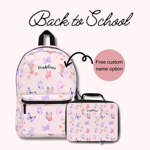 Butterfly Pink Backpack and insulated lunch bag, cute floral girls backpack, aesthetic preppy backpack for back to school,  unique backpacks