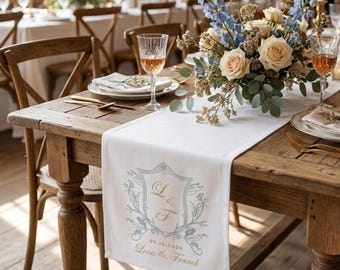 Custom Wedding Crest Table Runner, Personalized Monogram Wedding Altar Decor, Wedding Church Decor, Beach Wedding, Backyard wedding linen