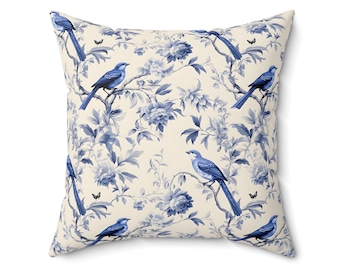 French Toile de Jouy Square Pillow, Blue chinoiserie, Bird pillow, French style, French country cottage cover and pillow included